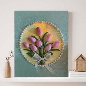 3D Steinsand Texturmalerei - Rosa Tulpen mit Perlen und Schleifenband